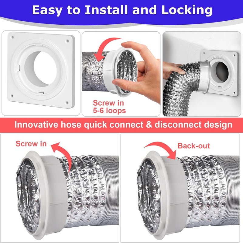 Senshare Dryer Vent Connector Kit, Dryer Vent Wall Plate with Quick Connect & Disconnect, Twist Lock Dryer Duct Connector Kit Fits 4 Inch Tubes, Covers Area 7 Inch x 7 Inch, for Dryer Washer Bathroom - Image 5